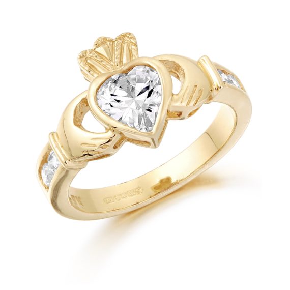 Cubic Zirconia Birthstone Claddagh Ring - 9ct Yellow Gold