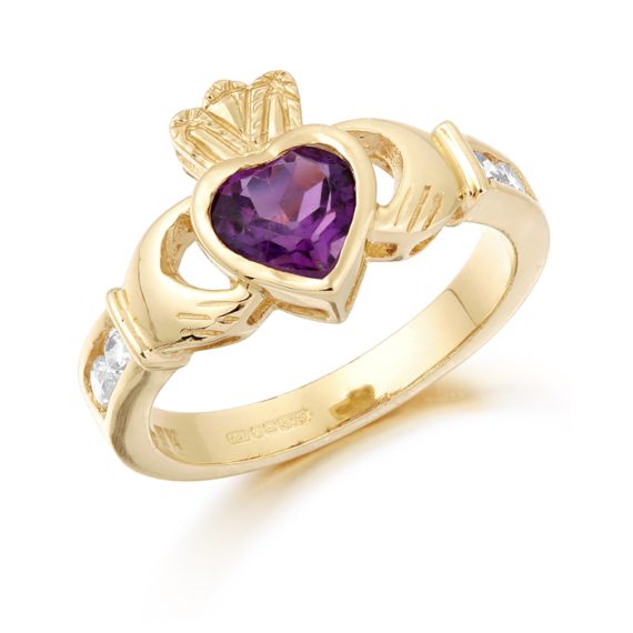 Cubic Zirconia Birthstone Claddagh Ring - 9ct Yellow Gold