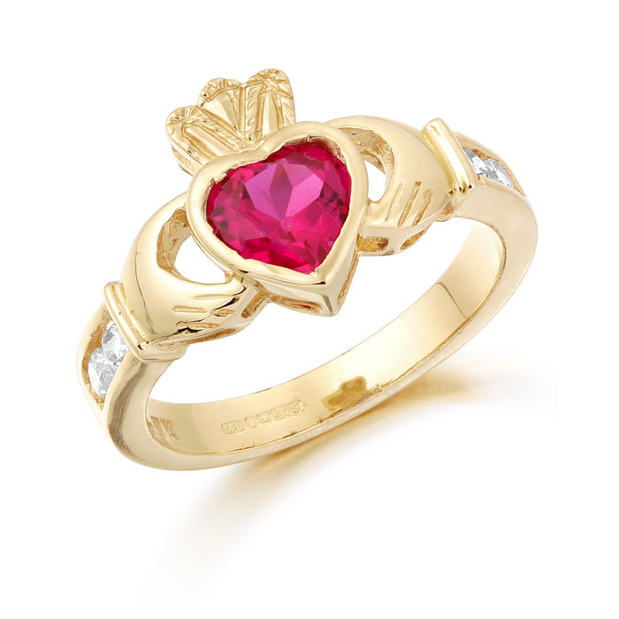 Cubic Zirconia Birthstone Claddagh Ring - 9ct Yellow Gold