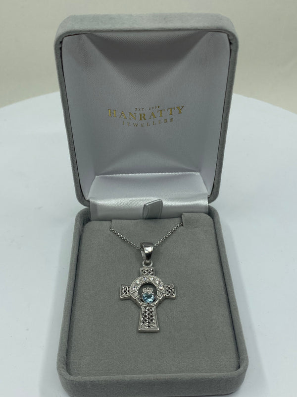 Aquamarine & CZ Stone Celtic Cross Necklace - Sterling Silver