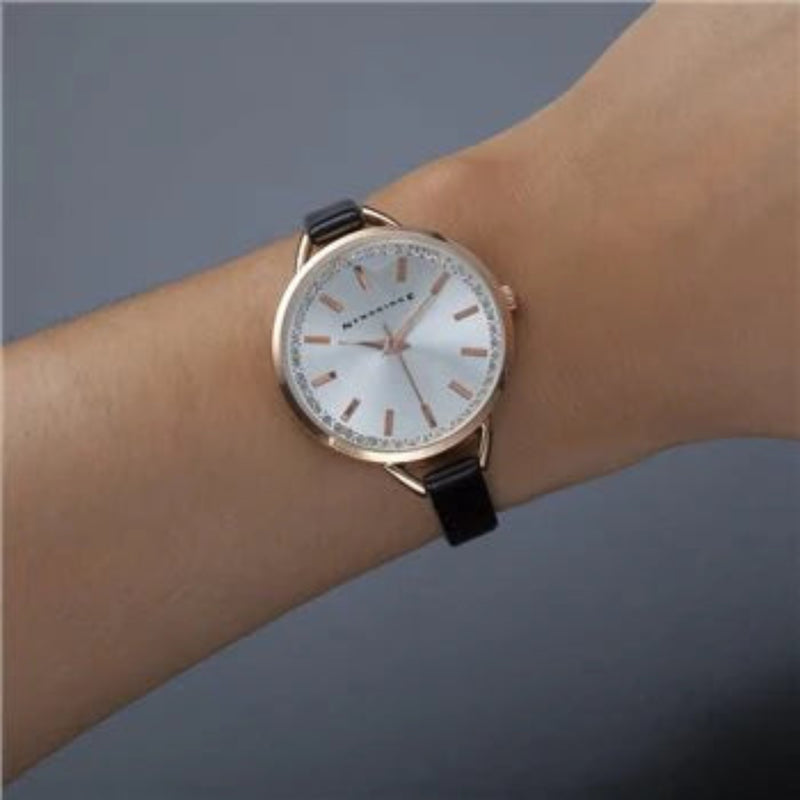 Ladies Round Face Black Leather Strap Watch