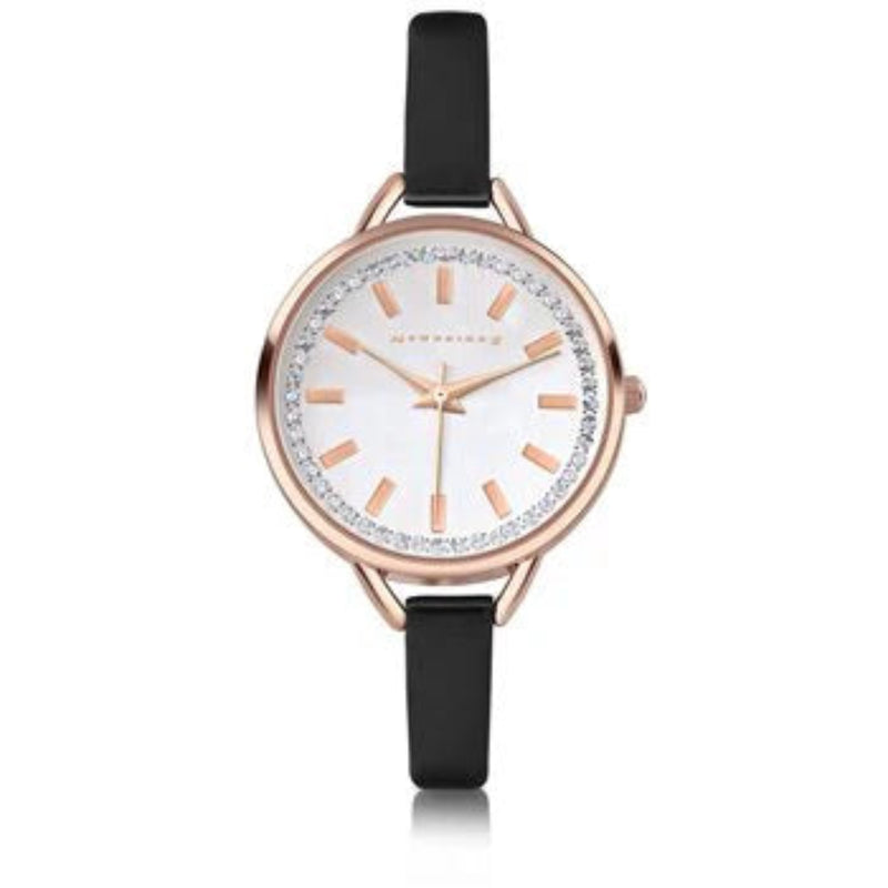 Ladies Round Face Black Leather Strap Watch