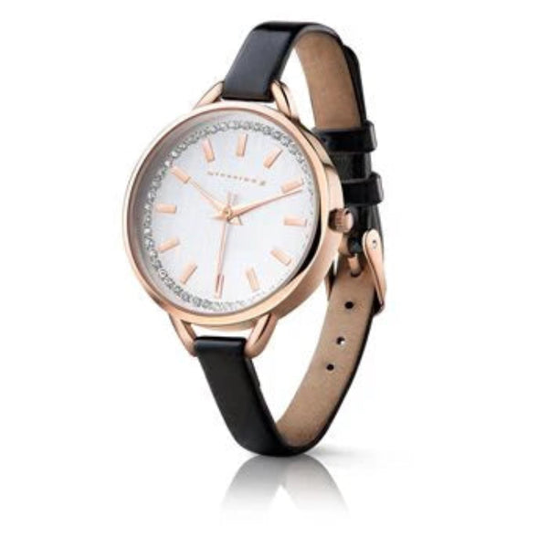 Ladies Round Face Black Leather Strap Watch