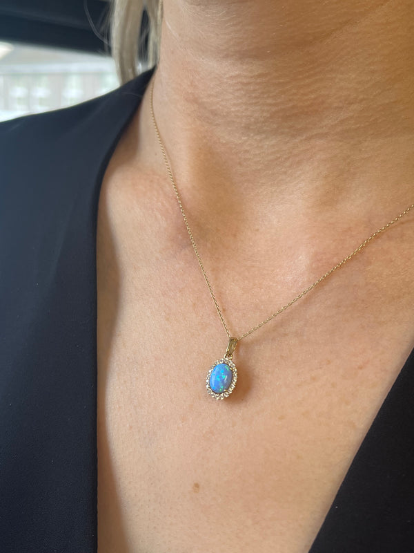 Blue Opal CZ Necklace - 9ct Gold