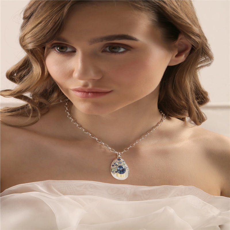 Blue & Clear Stones Necklace - Sterling Silver