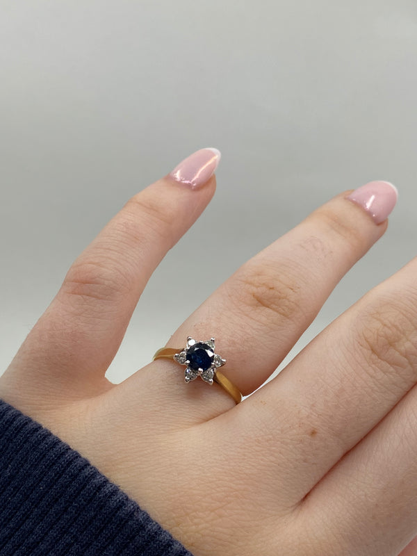 Sapphire & Diamond Cluster Halo Ring - 18ct Gold