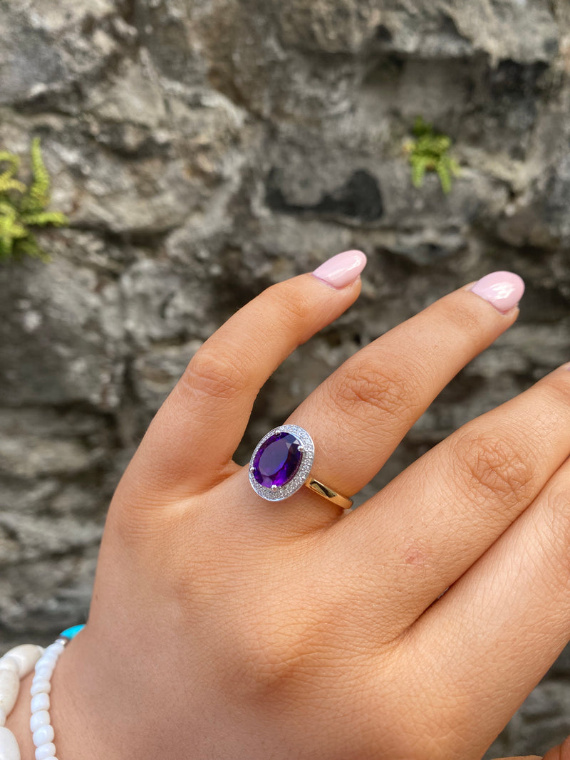 CZ Amethyst Cluster Ring - 9ct Yellow Gold