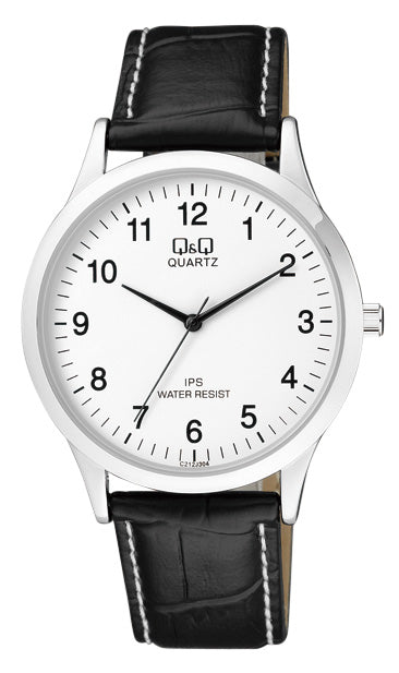 Gents Q&Q Black Leather Strap Watch