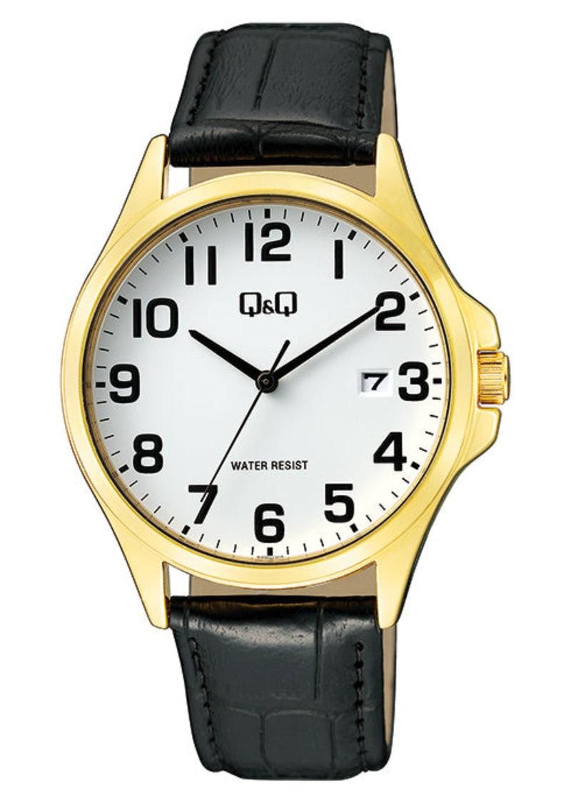 Gents Q&Q Black Leather Strap Watch