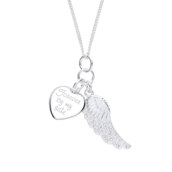 Silver Cz Angel Wing/Engraved Heart Pendant & Chain