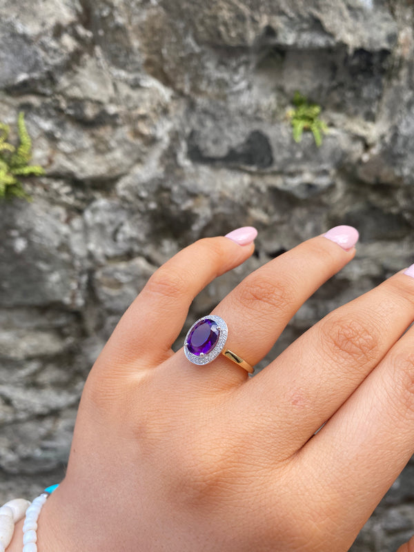 CZ Amethyst Cluster Ring - 9ct Yellow Gold