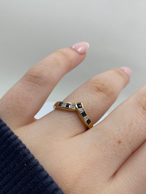 Sapphire & Diamond Wishbone Ring - 9ct Gold
