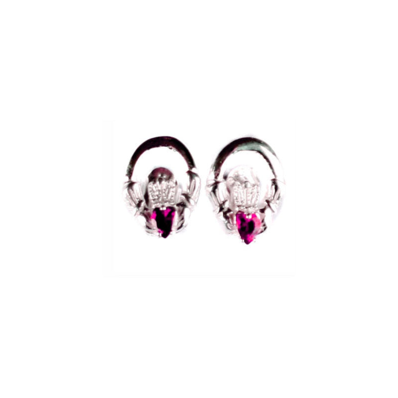 Ruby Stone Claddagh Earrings - Sterling Silver