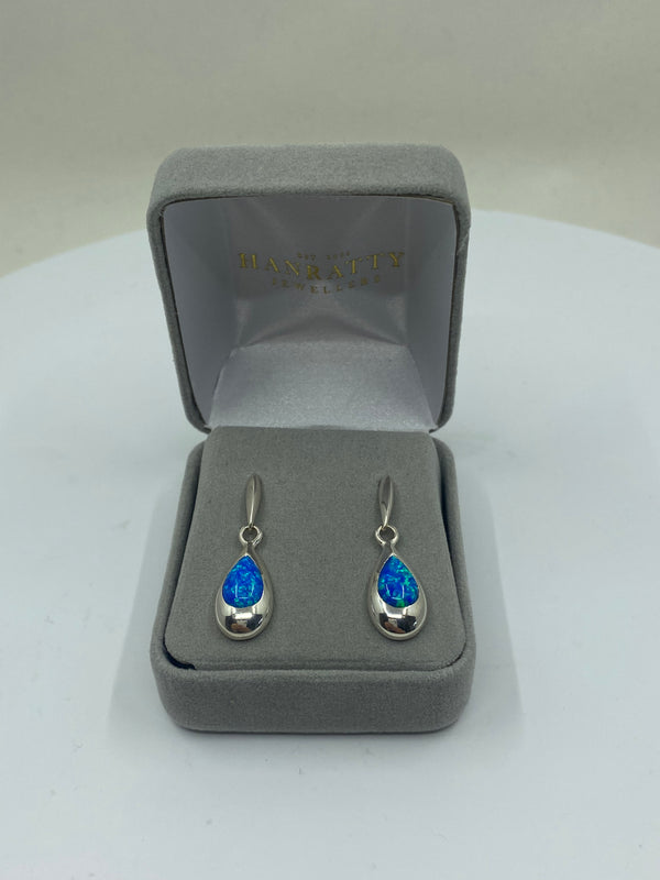 Blue Synthetic Opal Drop Earrings - Sterling Silver