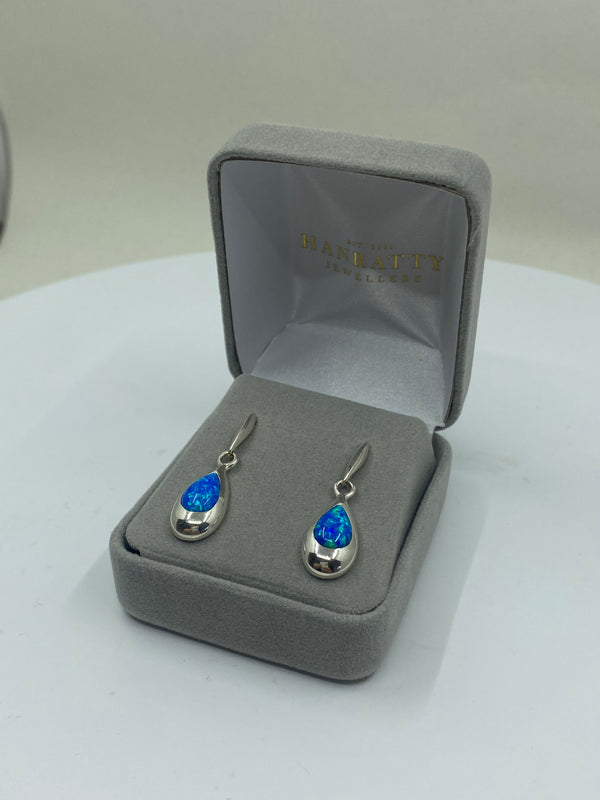 Blue Synthetic Opal Drop Earrings - Sterling Silver