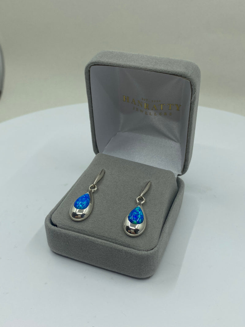 Blue Synthetic Opal Drop Earrings - Sterling Silver