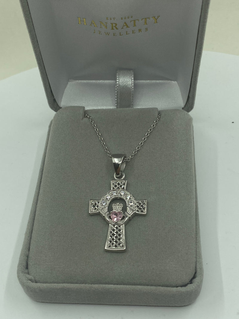 Pink CZ Celtic Cross Pendant - Sterling Silver