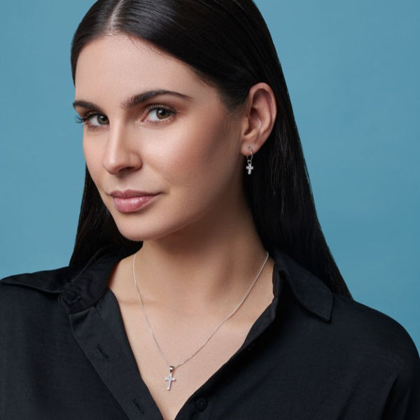 Cross CZ Hoop Earrings  - Silver Rhodium Plated