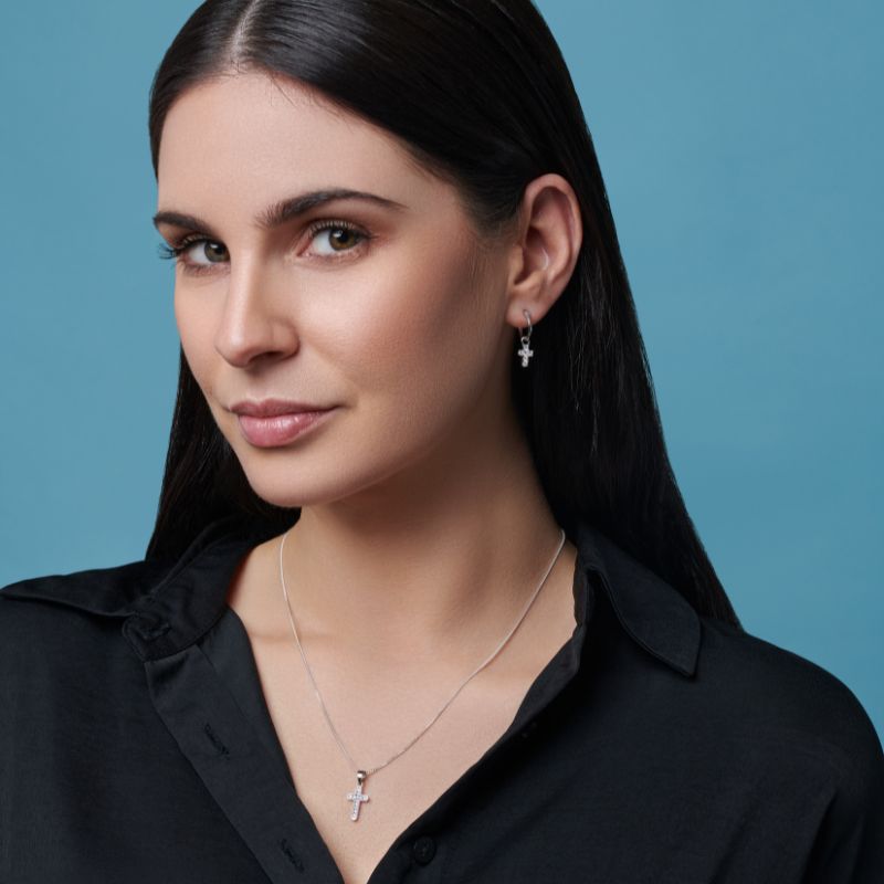 Cross CZ Hoop Earrings  - Silver Rhodium Plated