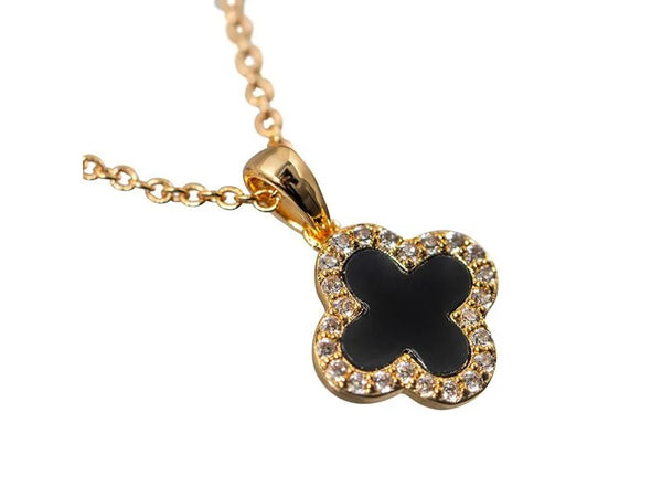 Newbridge Black Clear Stone Clover Necklace - Gold Plated