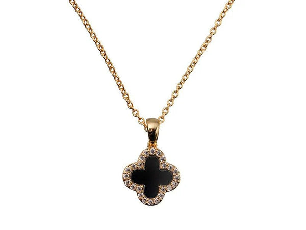 Newbridge Black Clear Stone Clover Necklace - Gold Plated