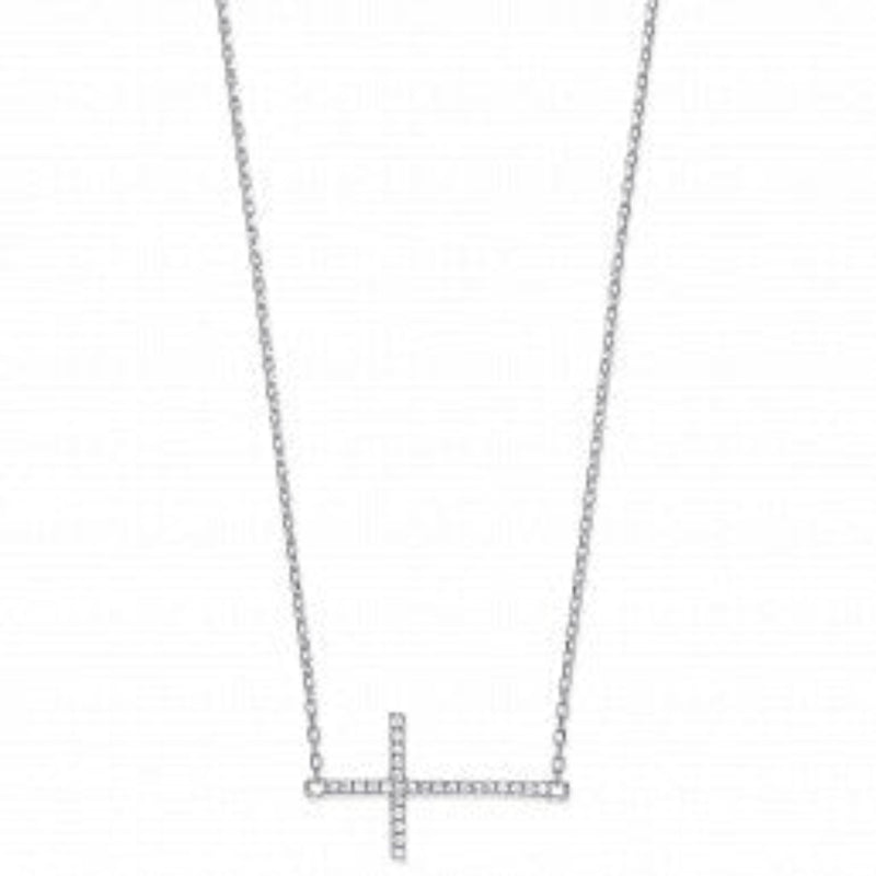 Cubic Zirconia Sideways Cross Necklace - Sterling Silver