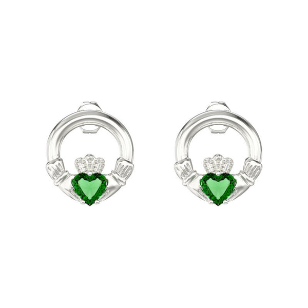 Green Stone Claddagh Stud Earrings - Sterling Silver