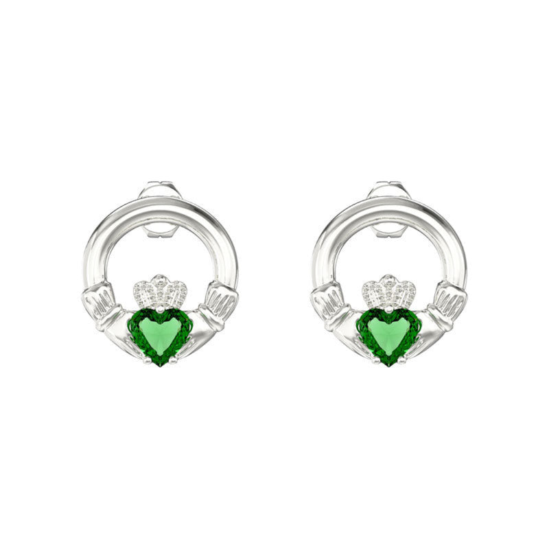 Green Stone Claddagh Stud Earrings - Sterling Silver