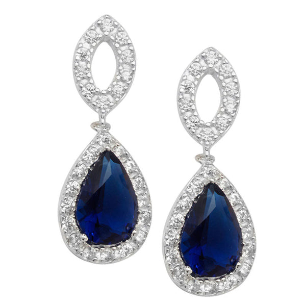 Cubic Zirconia Sapphire Teardrop Drop Earrings - Sterling Silver