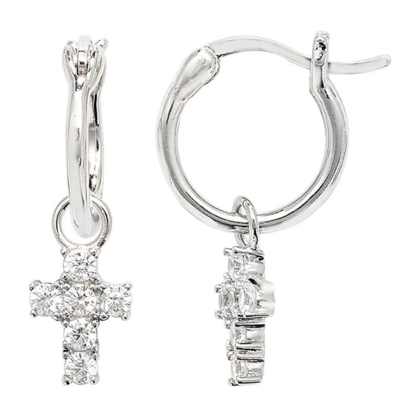 Cubic Zirconia Hoop Earrings With Cross - Silver Rhodium Plated