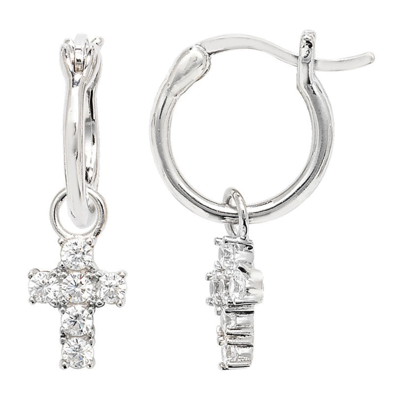Cubic Zirconia Hoop Earrings With Cross - Silver Rhodium Plated