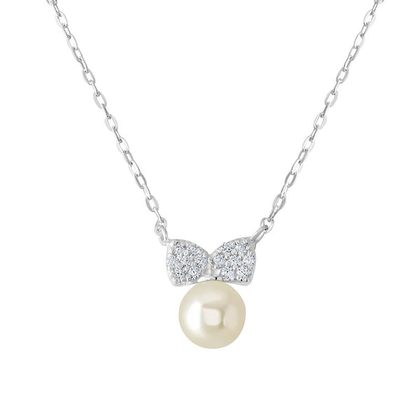 Pearl & Cubic Zirconia Bow Necklace - Sterling Silver