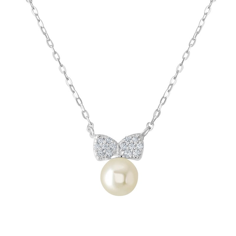 Pearl & Cubic Zirconia Bow Necklace - Sterling Silver