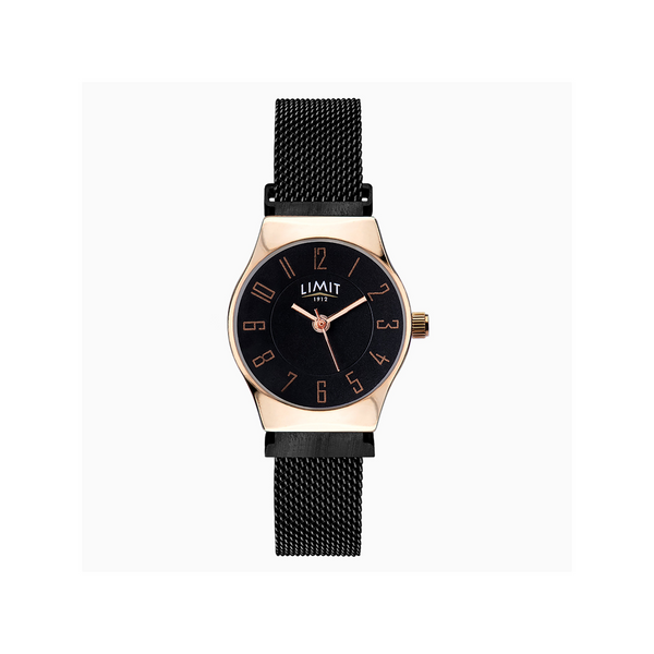Limit Ladies Classic Watch With Rose Gold Case, Black Mesh with Black Dial Newbridge Silverware