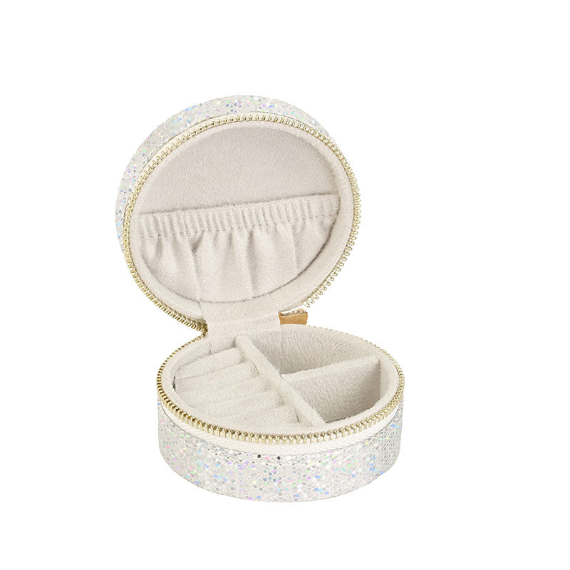 Round Jewellery Box With Silver Glitter Finish