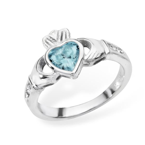 March Birthstone Claddagh Ring - STERLING SILVER - Hanratty Jewellers