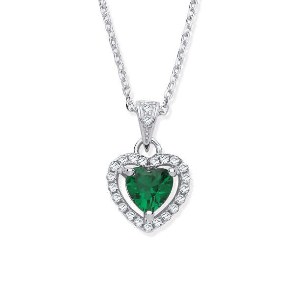 Emerald CZ Halo Heart Necklace - Sterling Silver