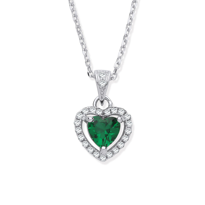 Emerald CZ Halo Heart Necklace - Sterling Silver